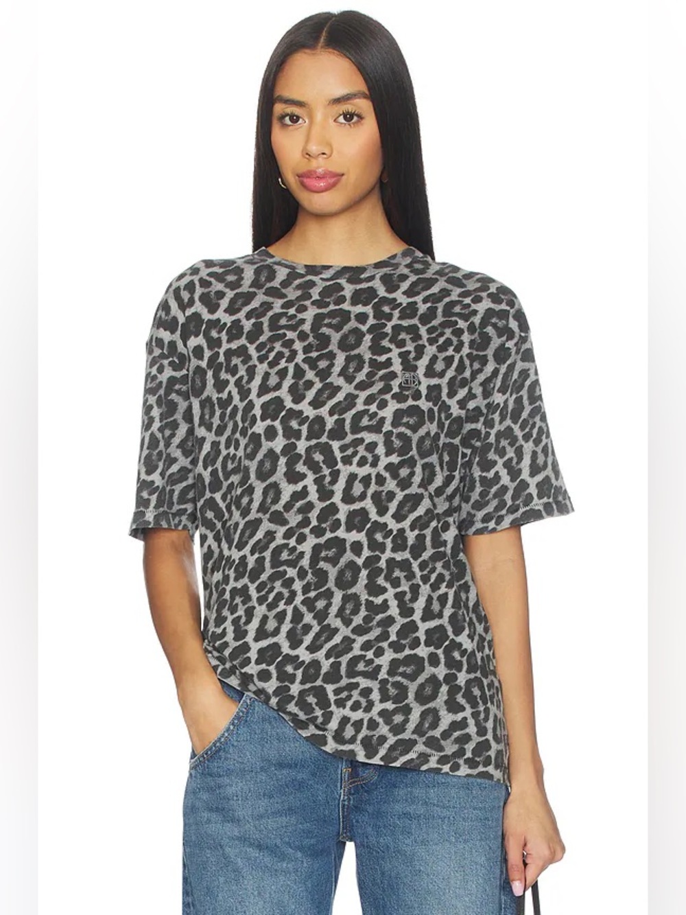 ANINE BING Cohen Tee Gray Leopard Print T-Shirt Size L Oversized Logo Cotton